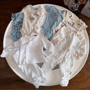 Gerber Baby Bodysuits in Blue, White, and Cream, Ribbed Pant Set, Goose Sleeper